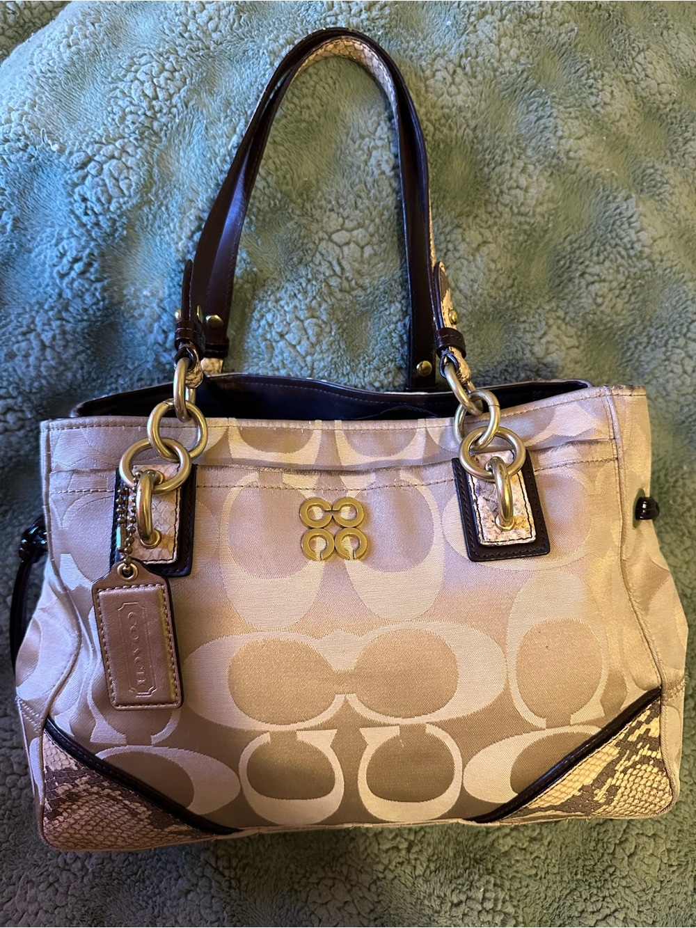 Coach Colette Beige Signature Shoulder Carryall with snakeskin Trim